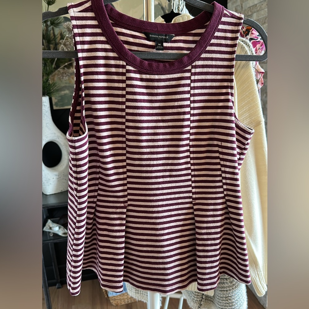 Banana Republic Burgundy and White Striped Peplum Blouse